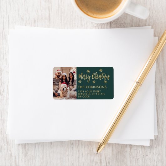 Étiquette Snowflake Green Photo Christmas Adresse de retour (En situation)