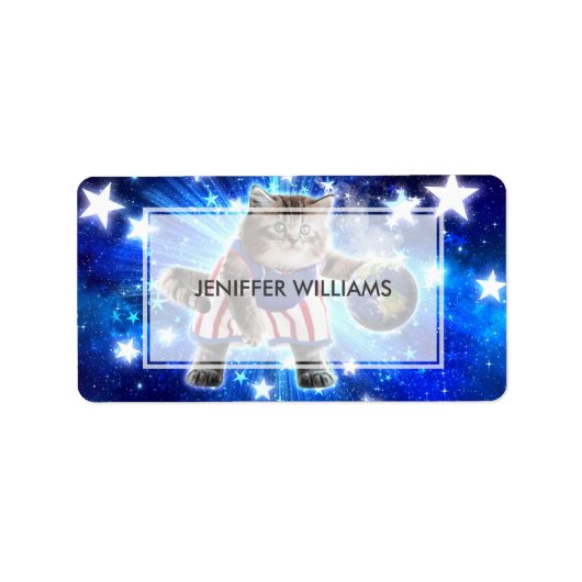 Étiquette Space cat jouant au basket (Devant)