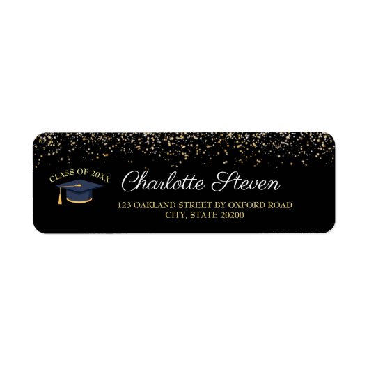 Étiquette Sparkle Black and Gold Graduation Adresse de retou (Devant)
