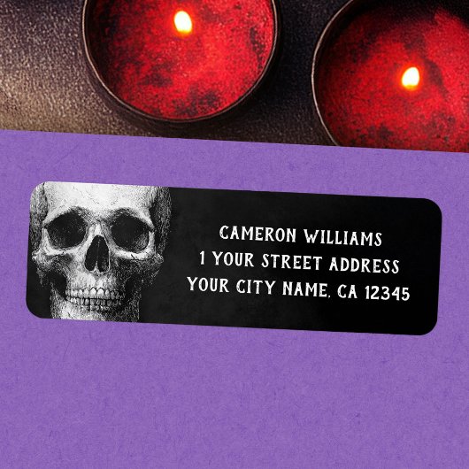 Étiquette Spooky skull Halloween black return address