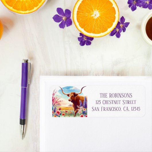 Étiquette Spring Watercolor Texas Longhorn Adresse de retour