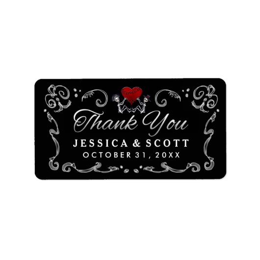 Étiquette Squelette noir blanc & Merci Mariage de coeur (Devant)