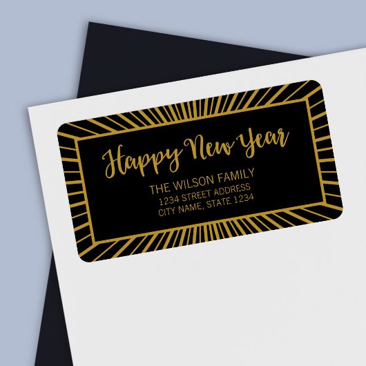 Étiquette Starburst Script Black Happy New Year Address