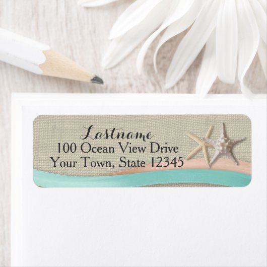 Étiquette Starfish and Ribbon Rustic Beach (En situation)