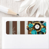 Étiquette Steampunk Clock and Turquoise Roses on Striped (En situation)