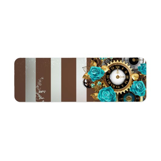 Étiquette Steampunk Clock and Turquoise Roses on Striped (Devant)