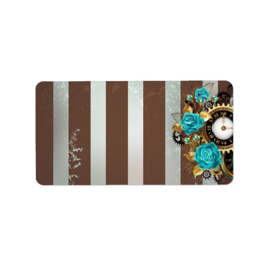 Étiquette Steampunk Clock and Turquoise Roses on Striped (Devant)