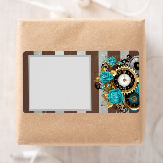 Étiquette Steampunk Clock and Turquoise Roses on Striped (En situation)