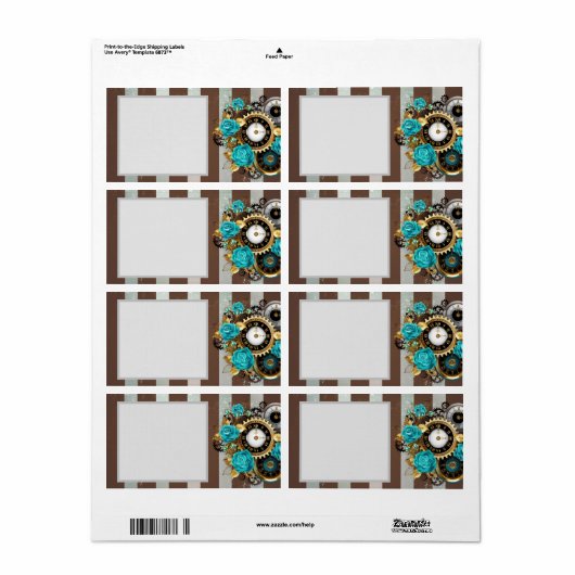 Étiquette Steampunk Clock and Turquoise Roses on Striped (Feuille entière)