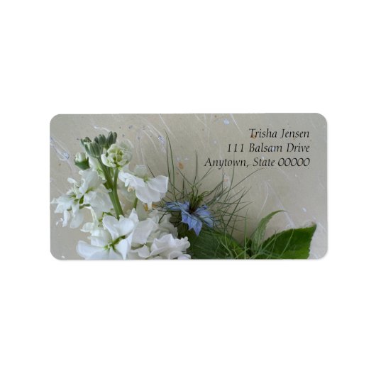 Étiquette Stock blanc avec fleurs de nigella (Devant)