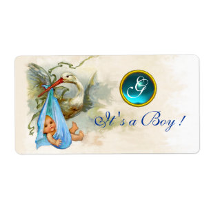 ÉTIQUETTE STORK BÉBÉ GARÇON DOUCHE TURQUOISE BLUE GEM MONOGR
