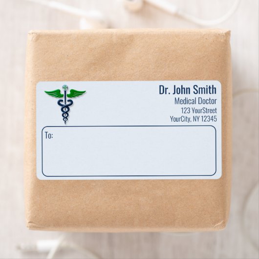 Étiquette Style Médicale Caduceus Green Wings Cross Blue (En situation)