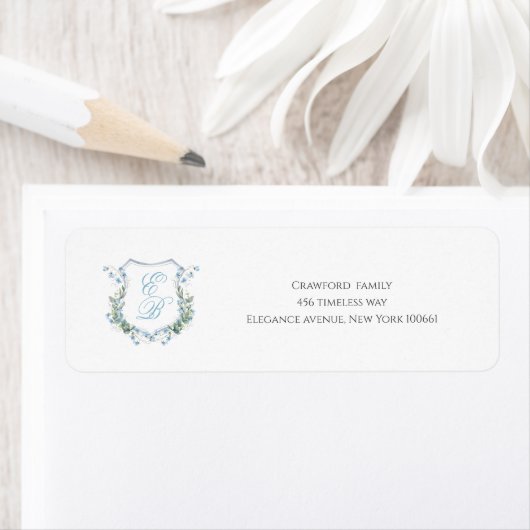 Étiquette Stylish Wedding Floral Crest Classic Address Label (En situation)