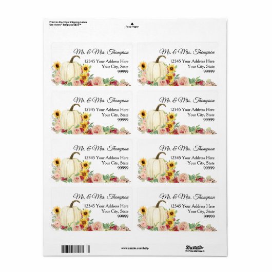 Étiquette Sunflower Bourgogne rose Citrouille d'aquarelle (Feuille entière)