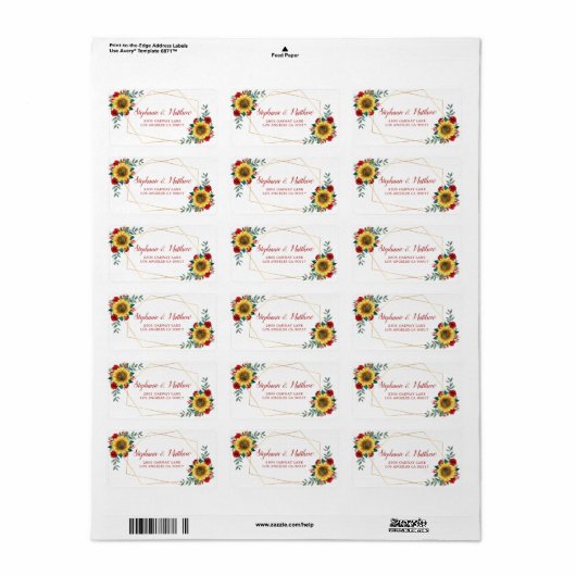 Étiquette Sunflower Red Rose Géométrique Gold Adresse (Feuille entière)