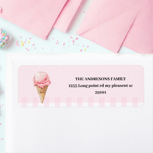 Étiquette Sweet Ice Cream Cone Pink Gingham Birthday 