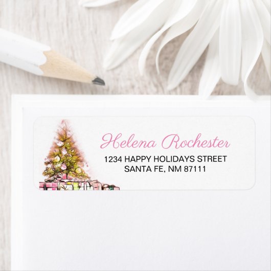 Étiquette Sweet Rose sapin de Noël et cadeaux de Noël (En situation)