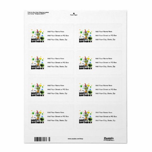 Étiquette T-shirts et cadeaux 4th Birthday Frog Hoppy (Feuille entière)