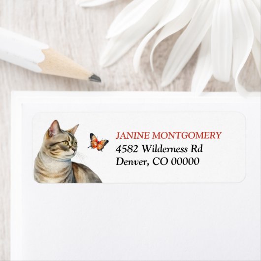 Étiquette Tabby Cat and Monarch Butterfly Return Address (En situation)