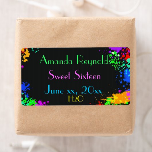 Étiquette Taches de peinture, Seize Douces, Bouteille d'eau  (En situation)