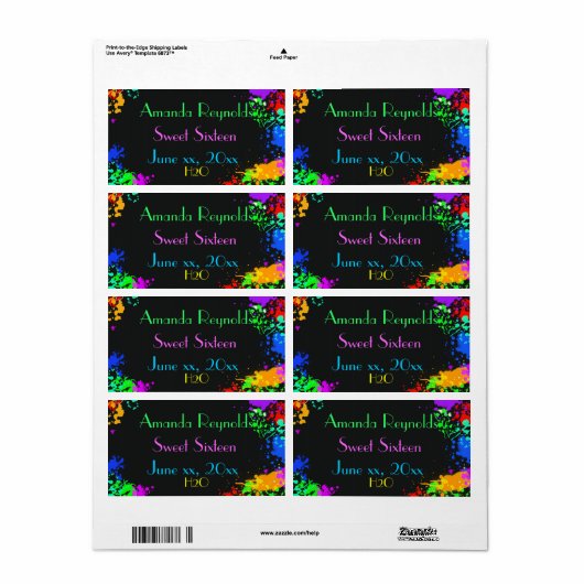 Étiquette Taches de peinture, Seize Douces, Bouteille d'eau  (Feuille entière)