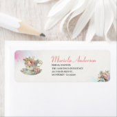 Étiquette Tea Party Aquarelle rose or rose douche nuptiale (En situation)