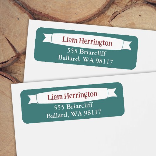 Étiquette Teal Green & Burgundy Address Label with Banner