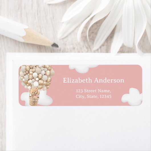 Étiquette Teddy Bear Balloons Pink Baby Shower Label (En situation)