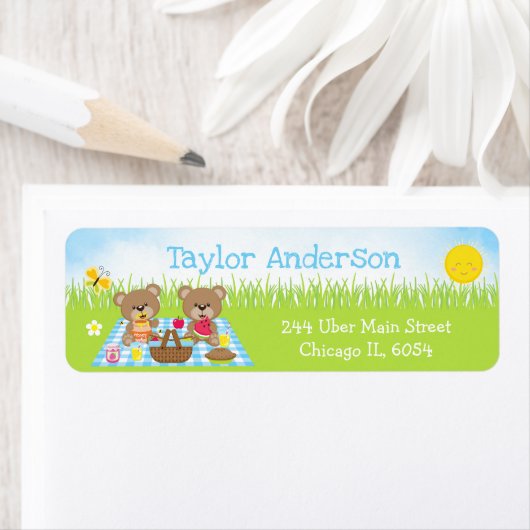 Étiquette Teddy Bears Picnic Boy Blue Gingham (En situation)