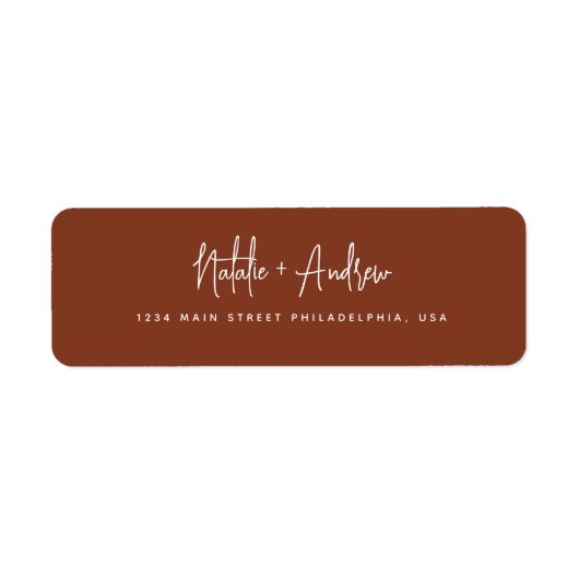 Étiquette Terracotta Burn Umber Script Mariage Retour (Devant)