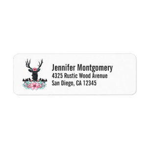 Étiquette Tête de cerf noir avec Fleurs et Montagnes roses