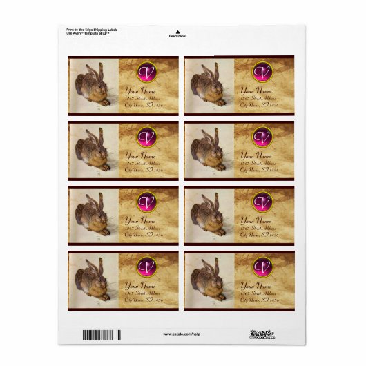 Étiquette THE RABBIT ( Young Hare ) Monogram Pink Amethyst (Feuille entière)