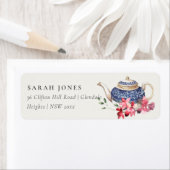 Étiquette Théière Fleurie Rouge Bleu Élégante Adresse de la (En situation)