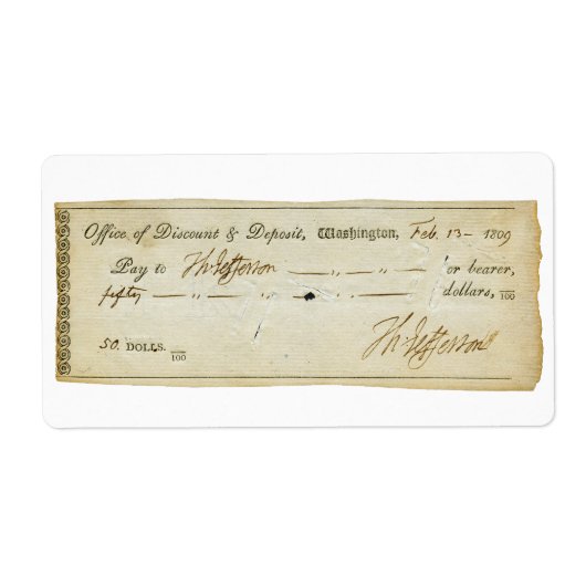 Étiquette Thomas Jefferson Signature sur chèque bancaire 180 (Devant)
