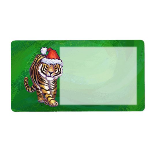 Étiquette Tigre mignon à Santa Chapeau en vert (Devant)