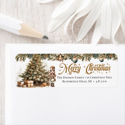 Étiquette Tons terreux or vert arbre de Noël Nutcracker (En situation)