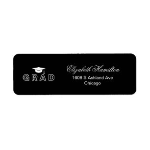 Étiquette Toque de remise de diplômes Noir & Blanc Élégant D