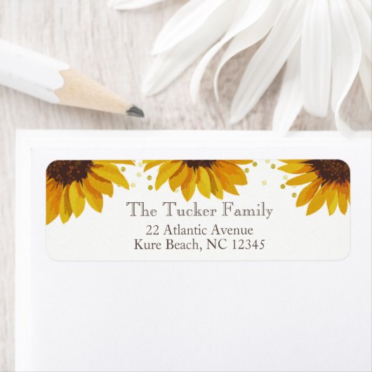 Étiquette Tournesols rustiques Points dorés Adresse de retou (En situation)