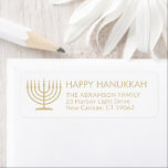 Étiquette Tout Texte Menorah Gold Hanoukka Adresse de retour<br><div class="desc">Ajoutez la touche finale parfaite de la carte Hanoukka avec ces élégantes étiquettes d'adresse de retour blanc et or. L'or est imprimé en couleur non métallique, pas en papier. Tout le texte peut être facilement customisé avec n'importe quel message d'accueil, nom et adresse. Le design comprend une simple menorah avec...</div>