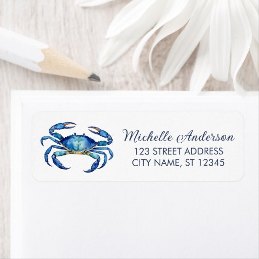 Étiquette Trendy Blue Crab Nautical Return Address Label (En situation)
