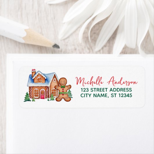 Étiquette Trendy Christmas Return Adresse Gingerbread House (En situation)