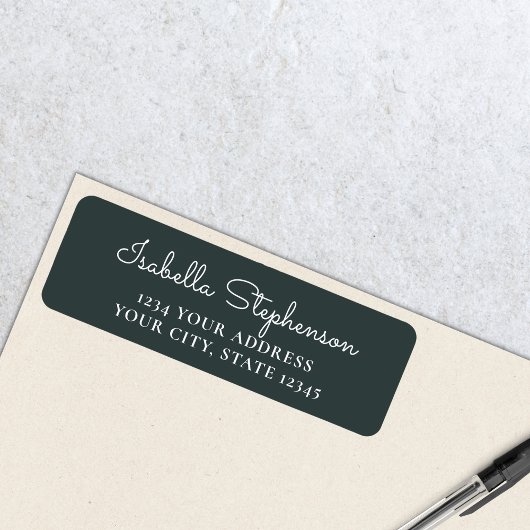 Étiquette Trendy Modern Dark Green Script Return Adresse