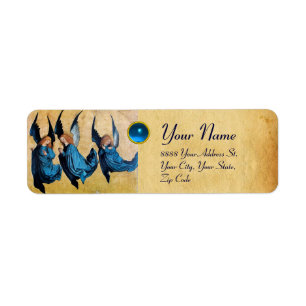 Étiquette TROIS ANGES de NOËL EN PARCHEMIN BLEU, saphir