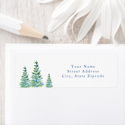 Étiquette Trois pins d'aquarelle bleu vert (En situation)