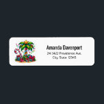 Étiquette Tropical Christmas Holiday Palm Tree Adresse<br><div class="desc">Étiquettes de adresse avec une image de vacances saisonnière. Un palmier tropical orné de lumières festives surmonté d'une étoile. Un sucre de canne géant rouge et blanc qui sort du sable. Cadeaux de Noël sous l'arbre. Whimsical et amusant.</div>