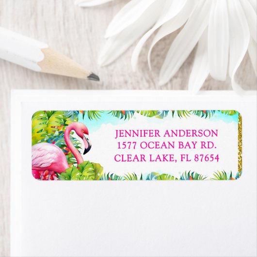 Étiquette Tropical Hawaiian Aloha Flamant rose Adresse de re (En situation)