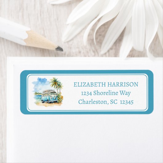 Étiquette Tropical Island Retro Blue Bus (En situation)