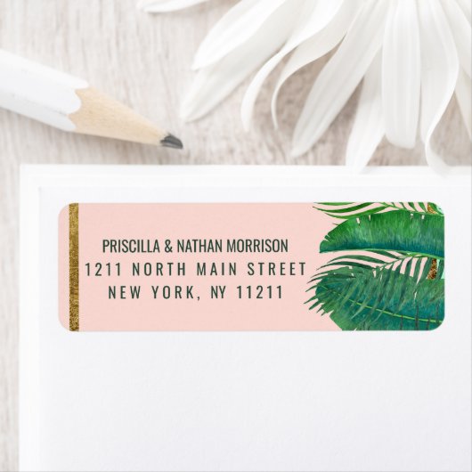 Étiquette Tropical Palm Tree Banana Leaf Gold Adresse (En situation)