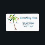 Étiquette Tropical Palm Tree Warm Holiday Adresse de retour<br><div class="desc">Vacances tropicales Les "Chaleureux" étiquettes d'adresse de retour avec l'oeuvre originale d'un palmier de Noël décoré d'ornements festifs. Parfait pour les thèmes tropicaux des îles,  des plages,  de l'océan et des côtes,  et vous pouvez facilement personnaliser avec votre nom et adresse.</div>