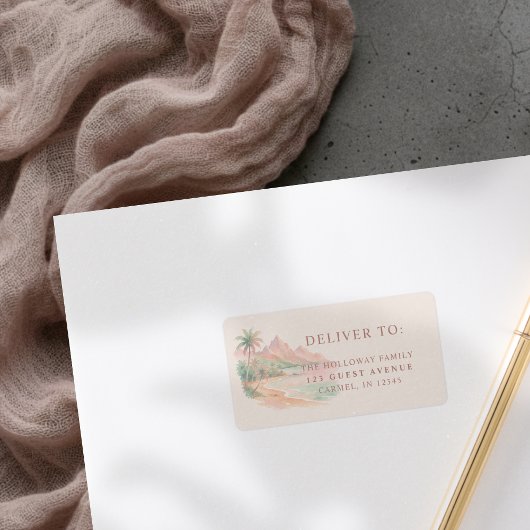 Étiquette Tropical Sunset Island Beach Watercolor Wedding